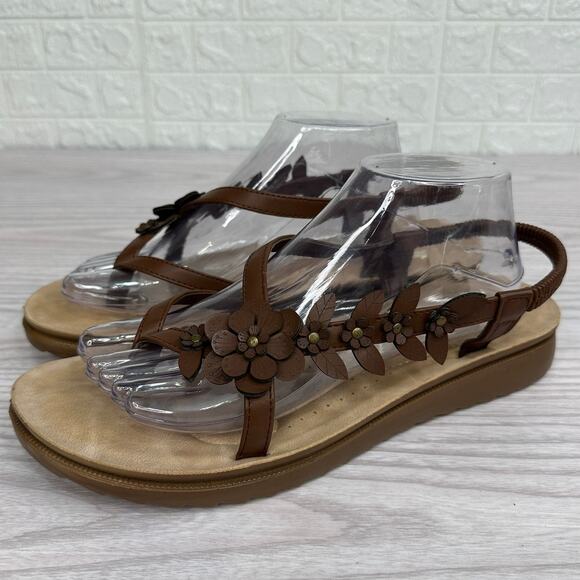 Andiamo Sandals SZ 11M Brown Tan 3D Flower Elastic Slingback Strappy Flat Thong - Picture 4 of 10